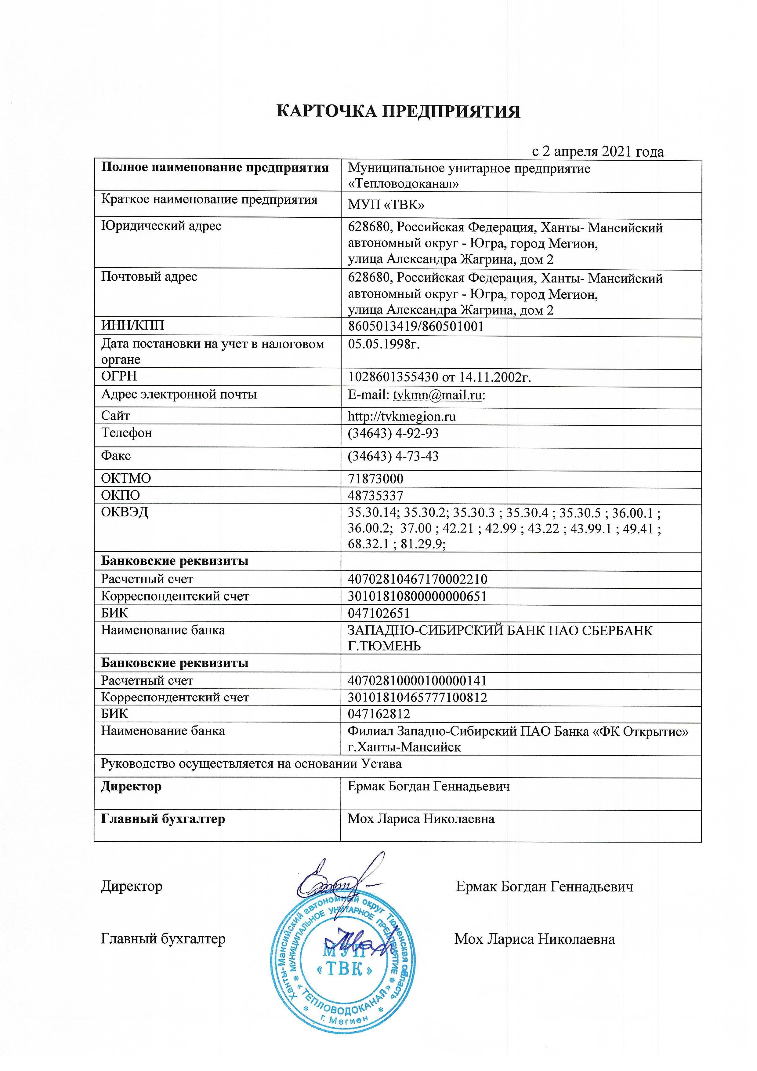 Карточка предприятия ооо образец 2022 год